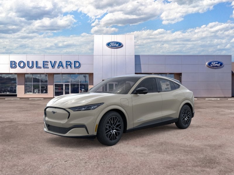 2025 Ford Mustang Mach-E Premium in Desert Sand — front three-quarter view