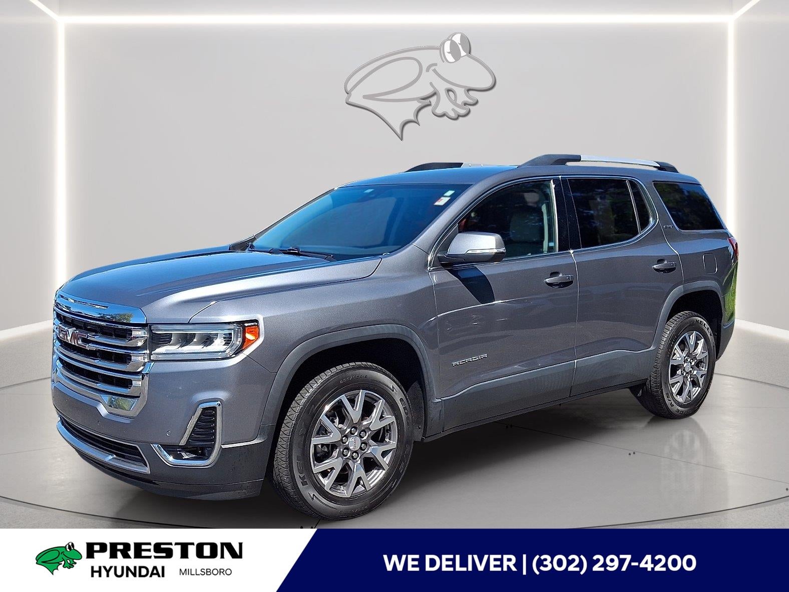 2021 GMC Acadia SLT in Midnight Blue Metallic — front three-quarter view