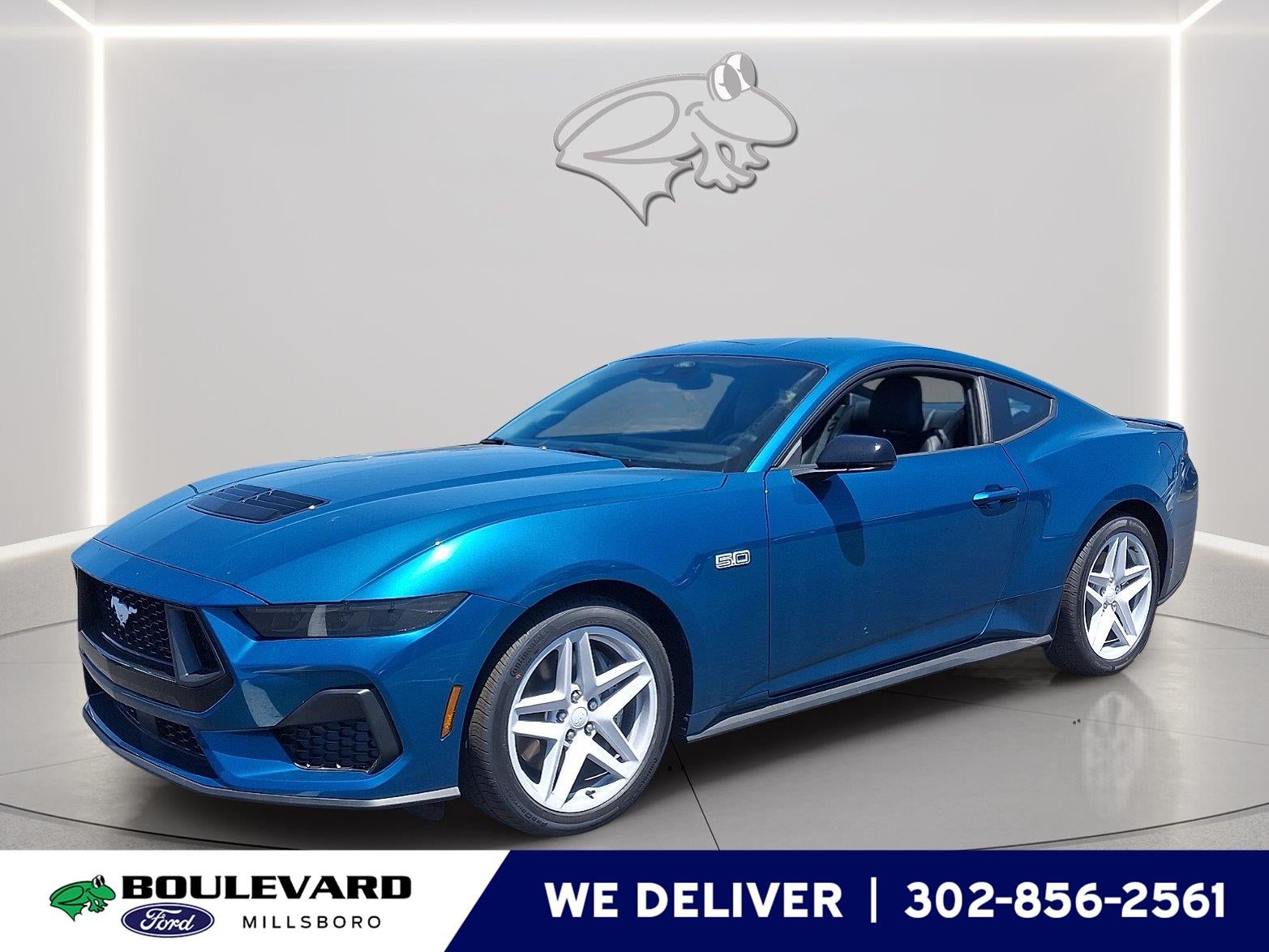2026 Ford Mustang GT Premium in Adriatic Blue — front three-quarter view