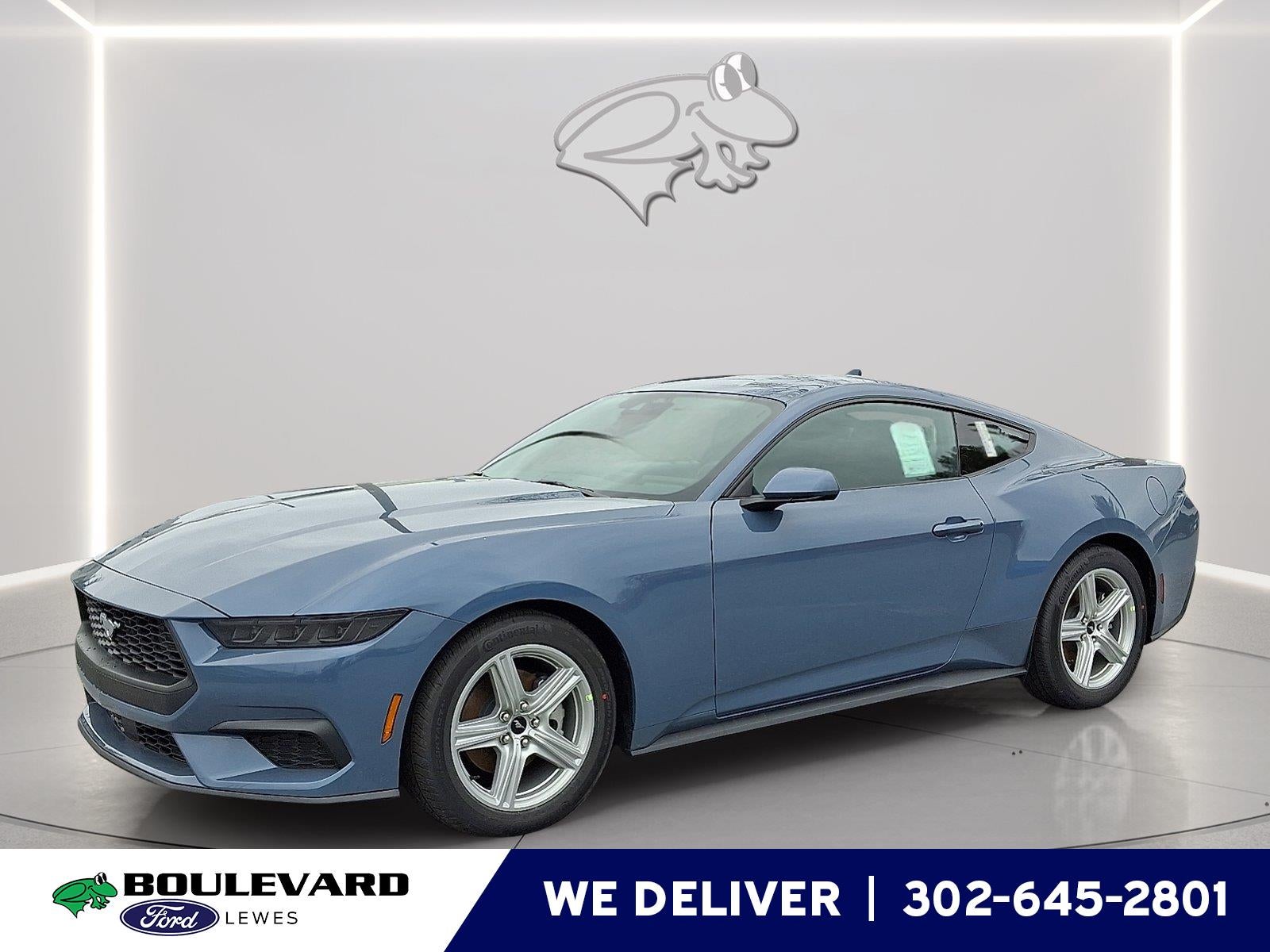2026 Ford Mustang EcoBoost in Vapor Blue — front three-quarter view