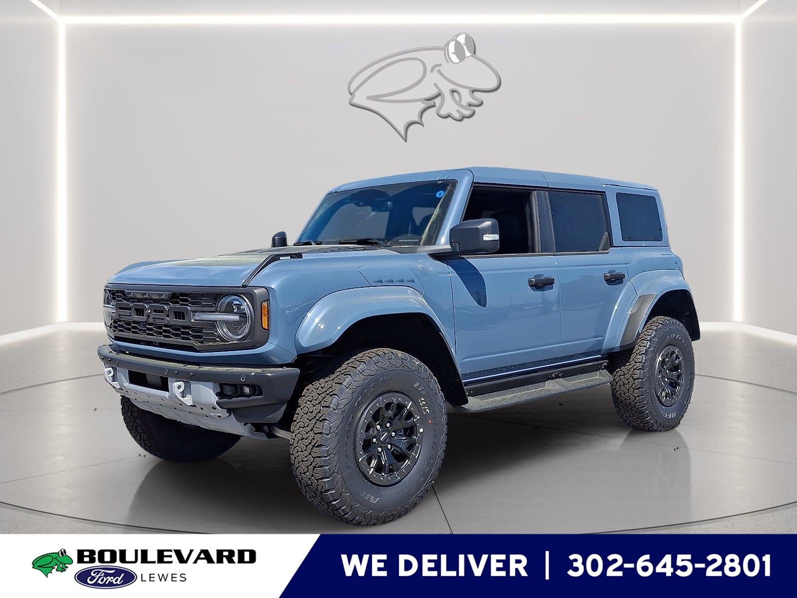 2025 Ford Bronco Raptor in Azure Gray Metallic Tri-Coat — front three-quarter view