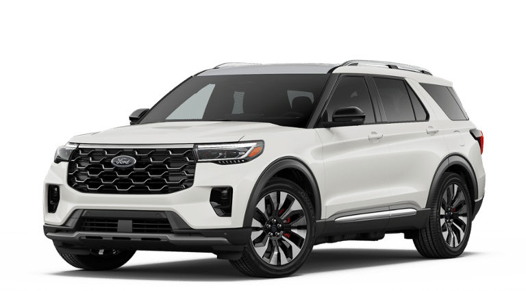 2026 Ford Explorer Platinum in Star White Metallic Tri-Coat — front three-quarter view