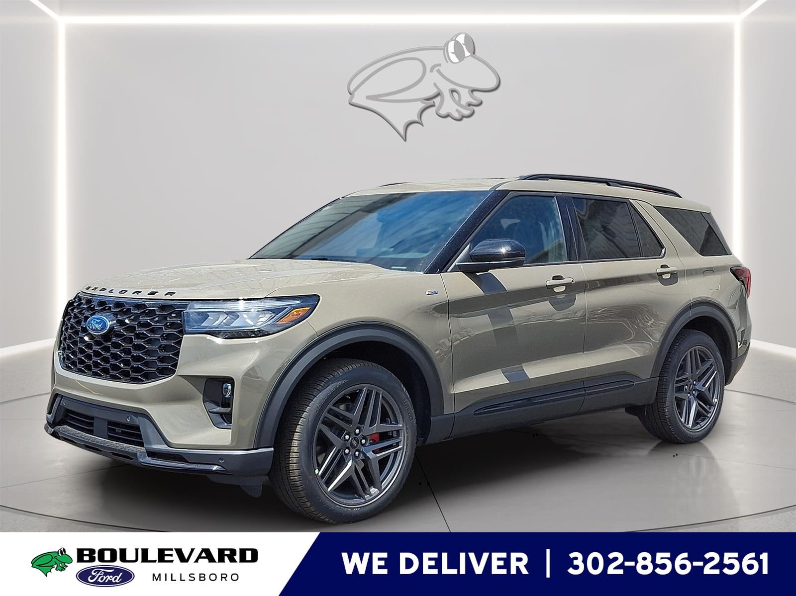2026 Ford Explorer ST-Line in Marsh Gray — front three-quarter view