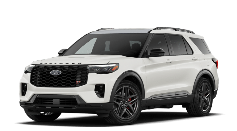 2026 Ford Explorer ST in Star White Metallic Tri-Coat — front three-quarter view