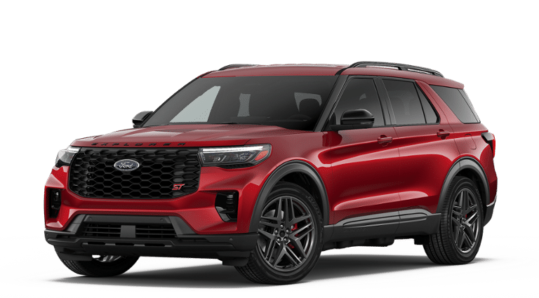 2026 Ford Explorer ST in Rapid Red Metallic Tinted Clearcoat — front three-quarter view