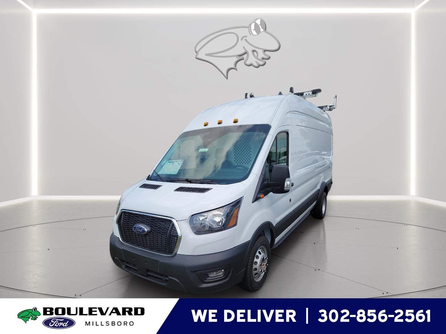 2024 Ford Transit Cargo Van T-350 HD 148" EL Hi Rf 9950 GVWR DRW AWD in Oxford White — front three-quarter view